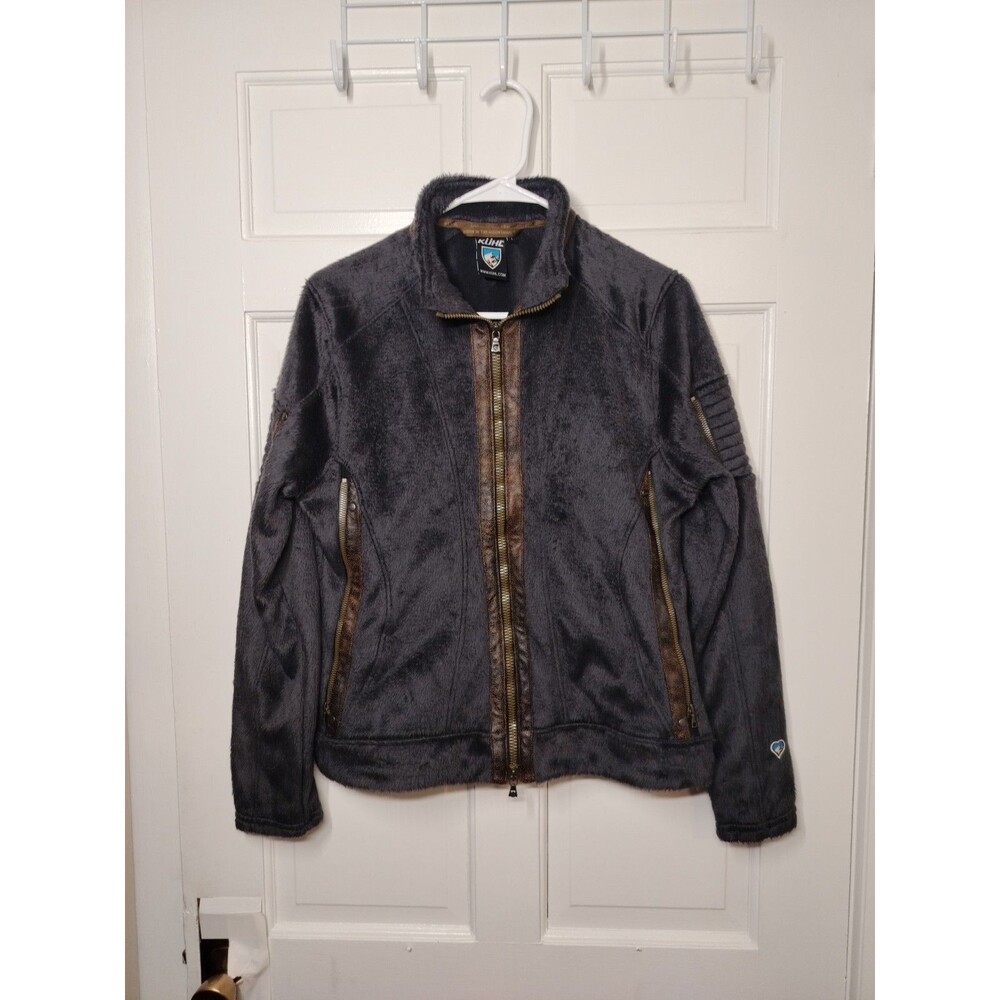 Kuhl Women’s Born In The Mountains Full Zip Gray Fleece Jacket Brown Trim SZ L - Picture 2 of 13